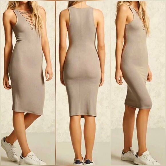 🔹️Forever 21 Tan Ribbed Bodycon Sleeveless Dress Large - Picture 2 of 12